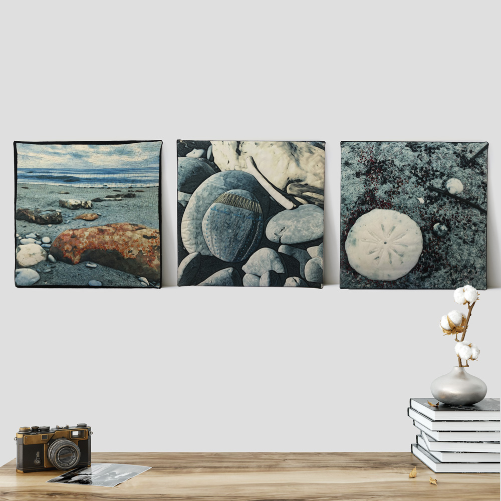 textile art: printed and stitched photo of new zealand beaches by lyric kinard