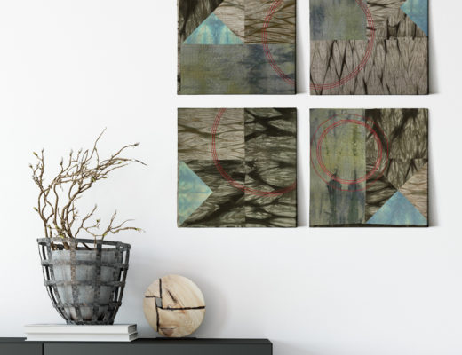 textile art, earth brown with red circles, by lyric kinard