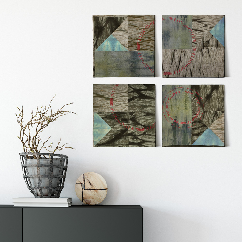 textile art, earth brown with red circles, by lyric kinard