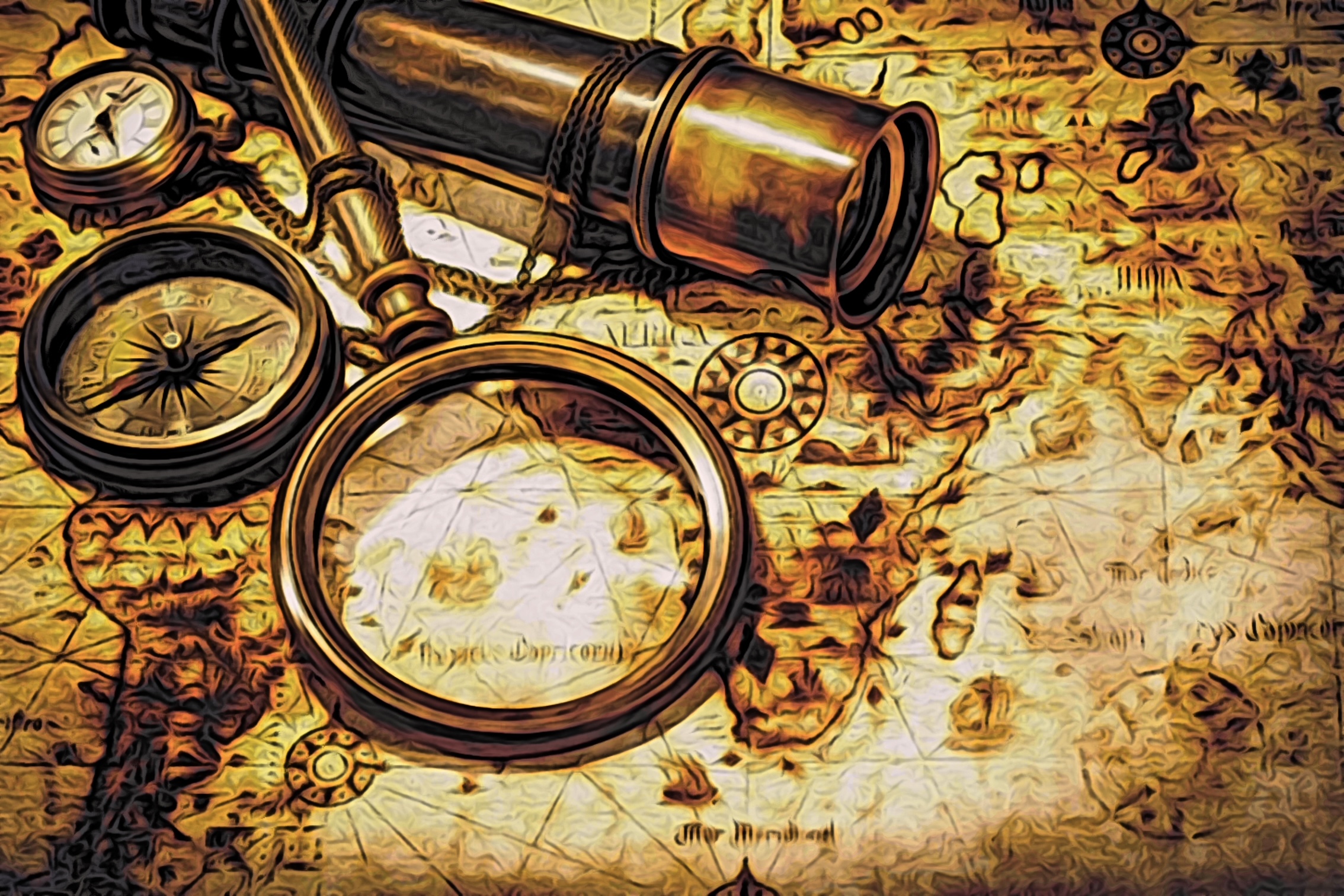 antique looking world map with vintage magnifying glass, spyglass, compass and pocket watch lying on top