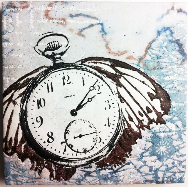 textile with old fashioned pocket watch printed in black and white. Tattered moth wings are printed in black behind the watch.